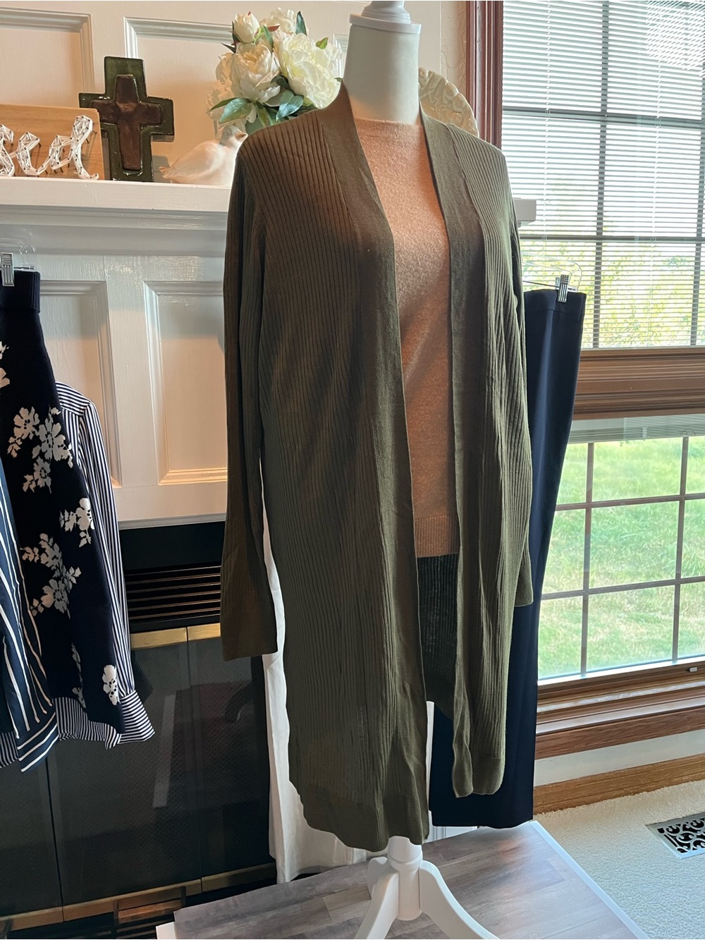 LOFT Olive Green Open-Front Long Ribbed Cardigan